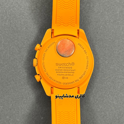 back-of-omega-swatch-orange نمای پشت ساعت امگا سواچ نارنجی