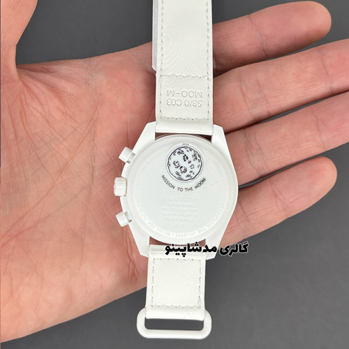 back-of-omega-swatch-white-mission-to-the-moon نمای پشت ساعت امگا سواچ سفید ماموریت به ماه