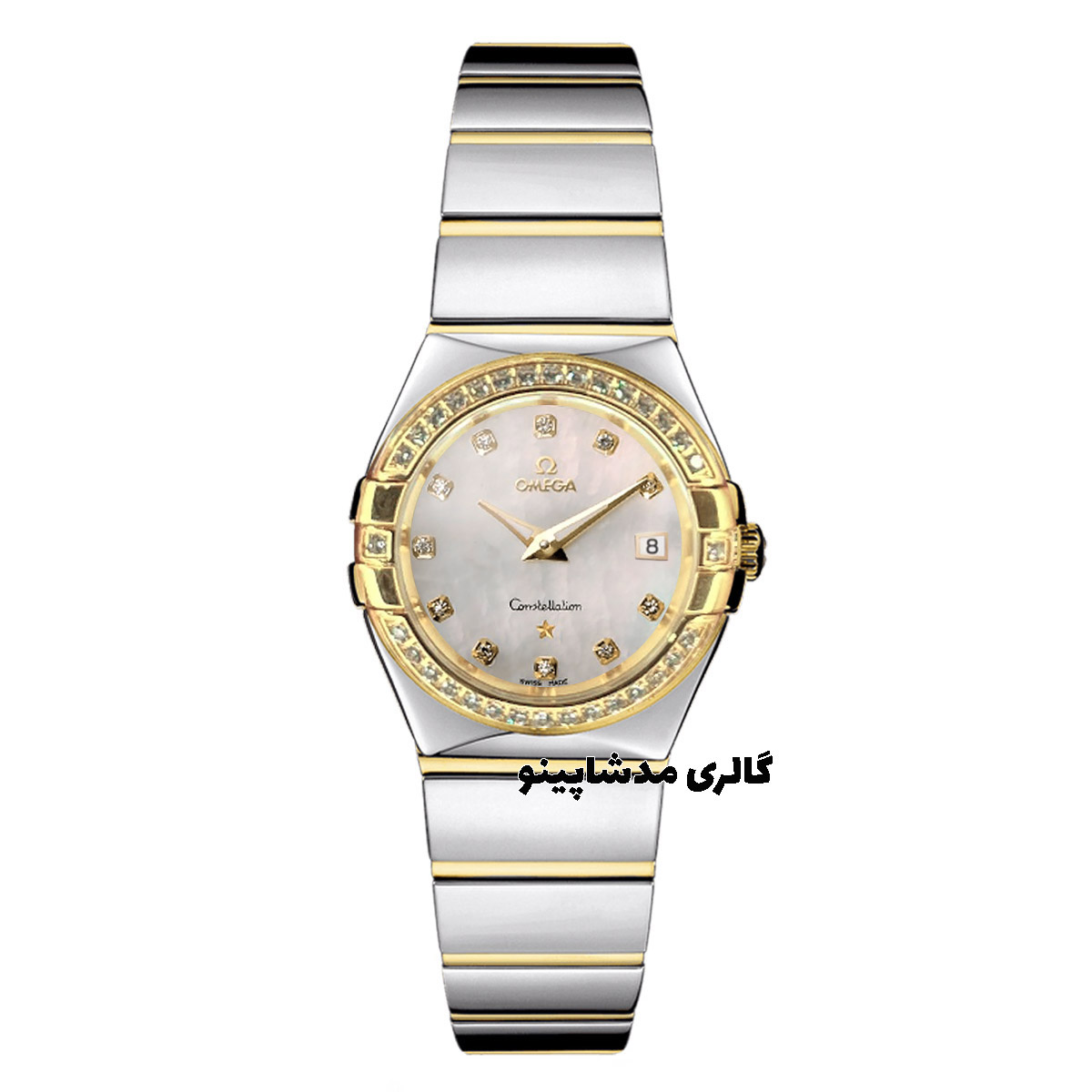 omega-constellasion-diamond-for-women ساعت امگا زنانه دورنگین طلایی سیلور