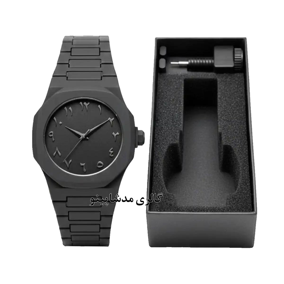 saat-black-watch ساعت تمام مشکی طرح AP با اعداد فارسی